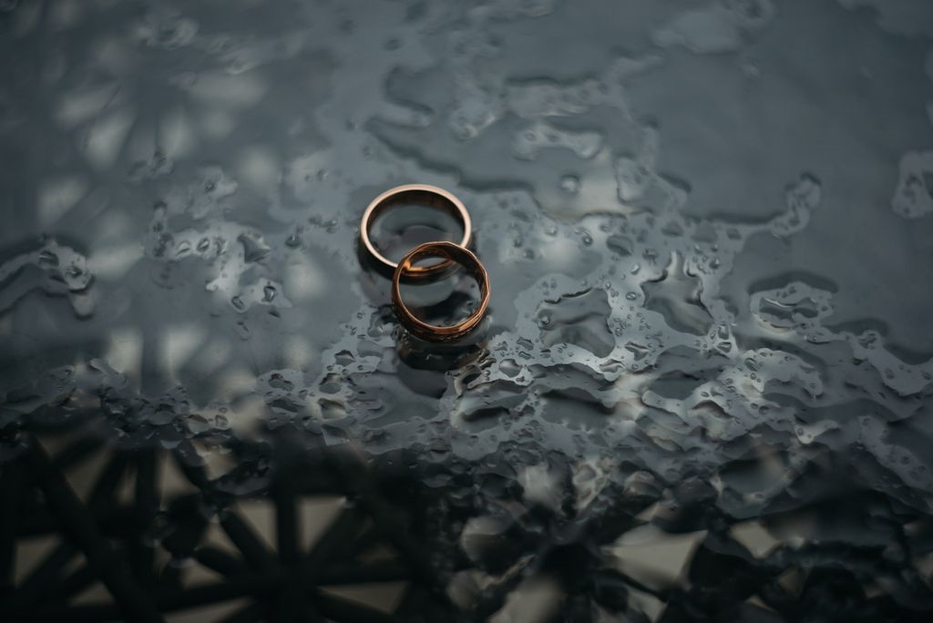two wedding bands on a rainy background