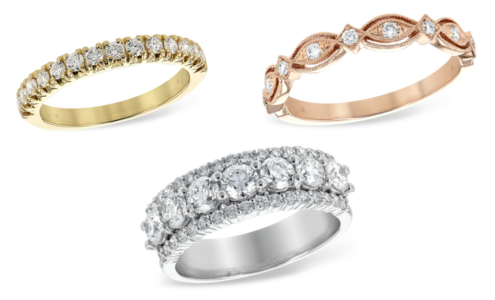 A selection of three Alison-Kaufman prong wedding rings, all available at Pucci’s Jewelers.