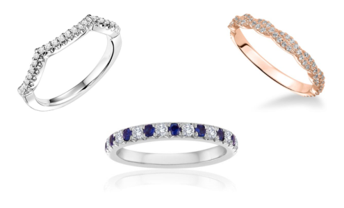 A selection of prong wedding bands by Goldman and Imagine Bridal, all available at Pucci’s Jewelers.