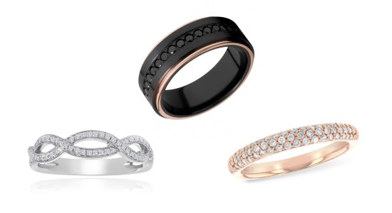 three pave wedding bands featuring diamonds, one featuring black sapphires