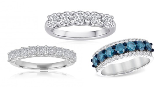 three prong wedding bands, two featuring diamonds, one featuring blue diamonds