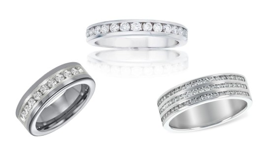 three white gold wedding bands featuring channel set diamonds