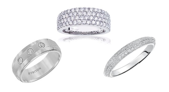 three white gold wedding bands, all featuring clear diamonds
