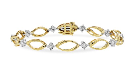 a mixed metal bracelet featuring gold links and diamonds