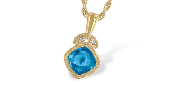 a yellow gold pendant necklace with a princess cut blue topaz