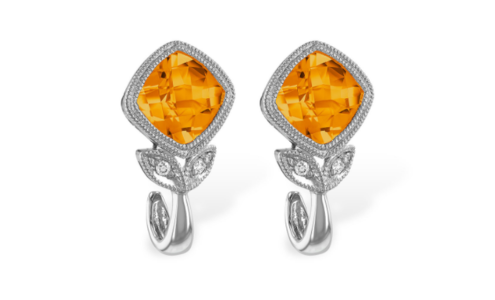 A pair of Allison-Kauffman citrine earrings with a floral motif, available at Pucci’s Jewelers.