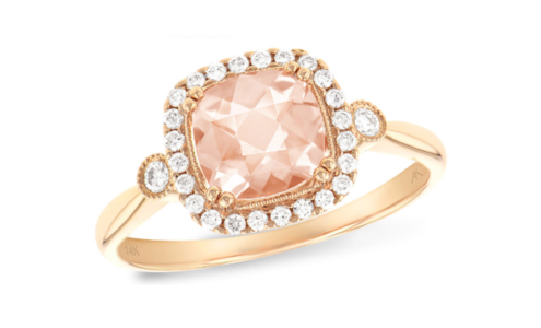 An ornate morganite and diamond ring from Allison-Kauffman, available at Pucci’s Jewelers.