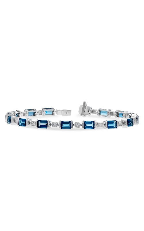 A white gold bracelet with rectangular blue topaz and shimmering diamonds.
