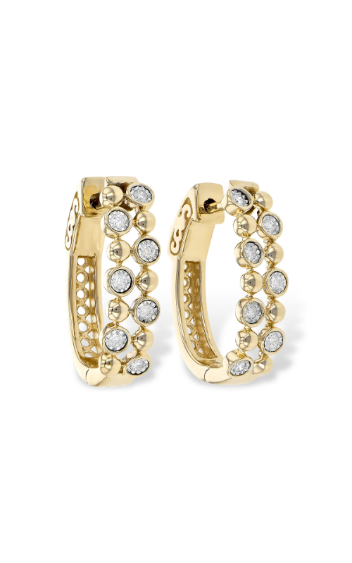 A pair of yellow gold hoop earrings encrusted with multiple round-cut diamonds in a unique beaded design.