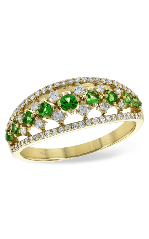 A yellow gold ring adorned with vibrant green gemstones and sparkling diamonds set in a prong setting.