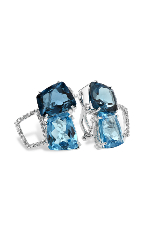 A pair of diamond and blue topaz stud earrings against a white background