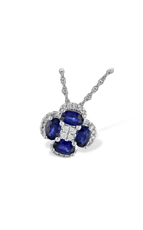 A white gold diamond and sapphire flower-shaped pendant against a white background