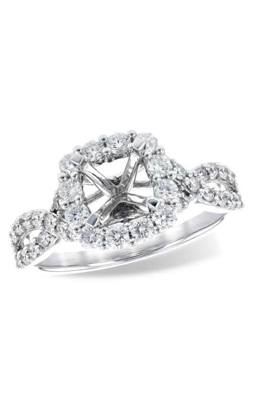 A diamond encrusted split-shank halo engagement ring without center stone