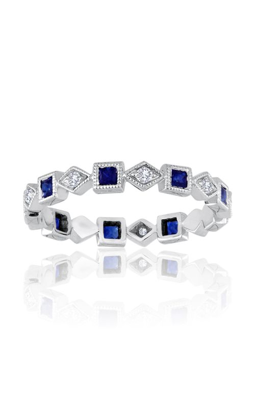A sapphire and diamond white gold wedding band on a white background