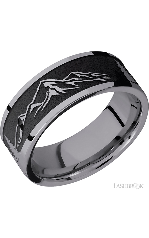 A tantalum men’s wedding band with the texture of mountains against a white background