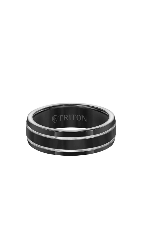 A black titanium men’s wedding band with 2 straps against a white background