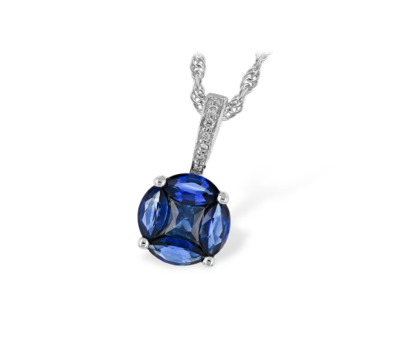 A white gold sapphire diamond pendant.