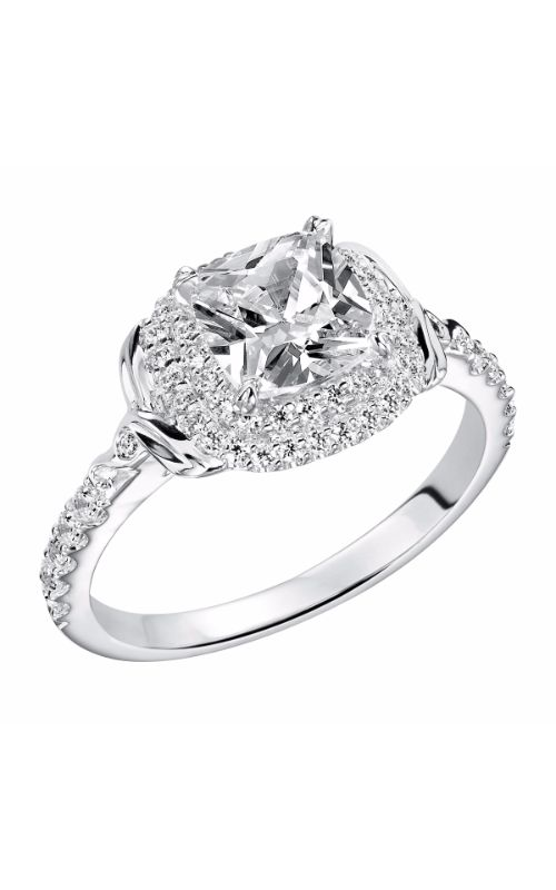 Elegant diamond ring with a large cushion-cut diamond centerpiece, surrounded by smaller diamonds in a halo setting, on a polished white gold band.