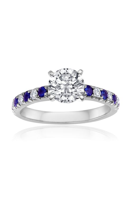A white gold side stone diamond and sapphire engagement ring with round cut center diamond.
