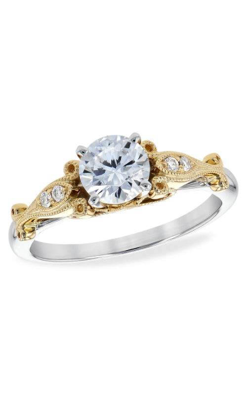 Intricate white and yellow gold engagement ring with intricate metalwork besides a center round cut diamond.
