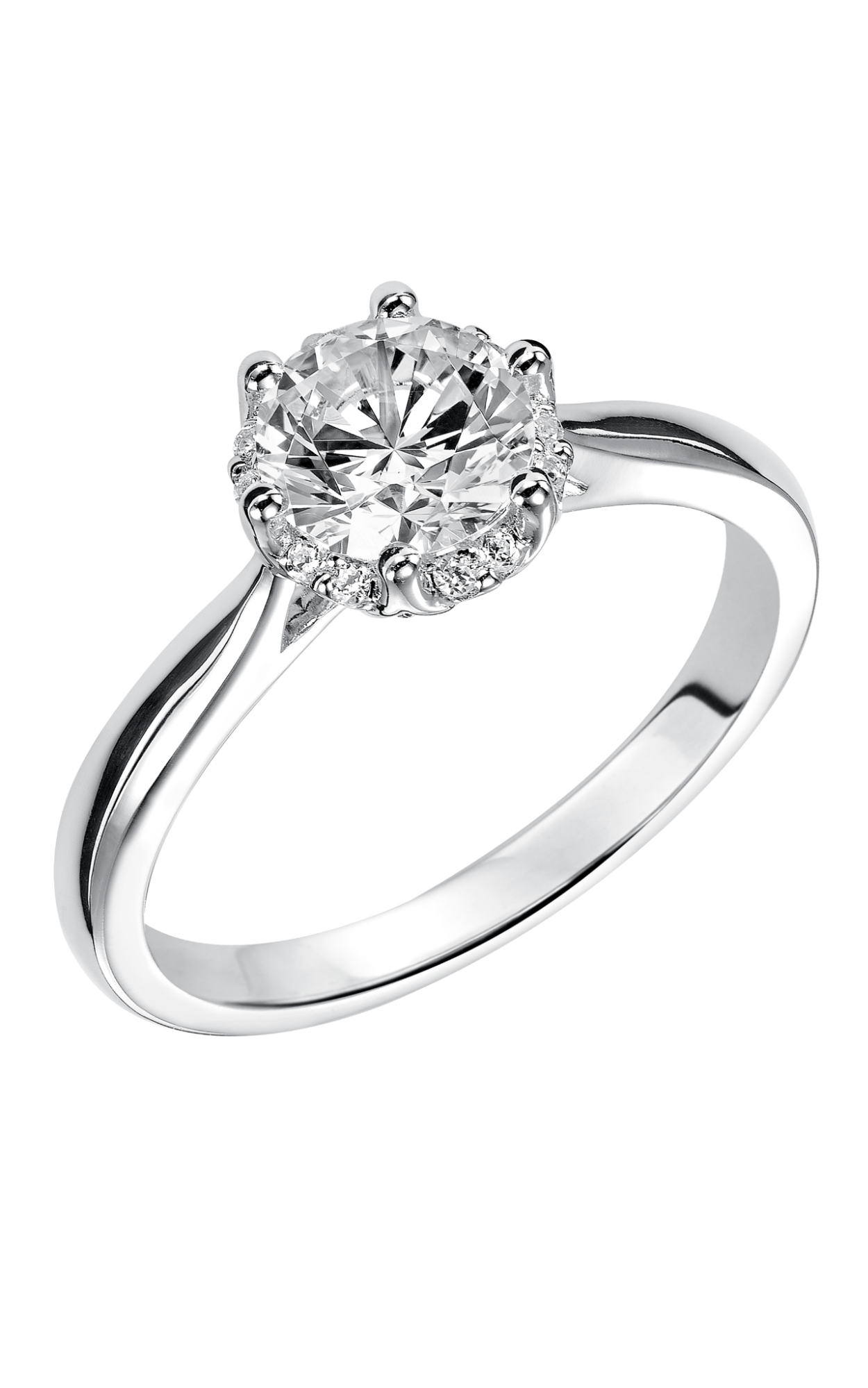 A white gold solitaire engagement ring featuring a central round diamond in a prong setting