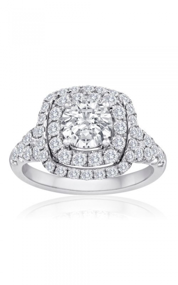 A diamond engagement ring with a large round center stone, surrounded by a sparkling double halo and a split shank.