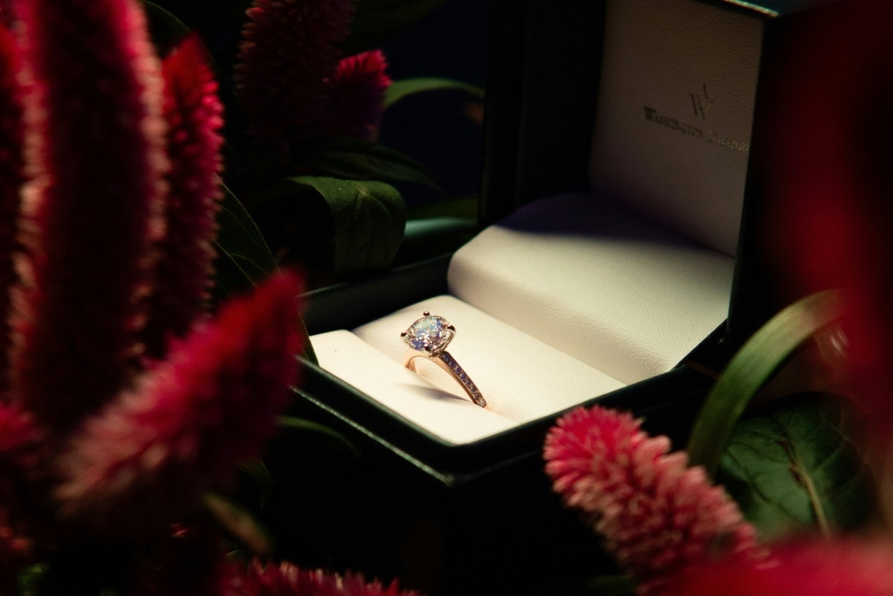 A close-up of an elegant engagement ring displayed in a box among eyecatching red flowers.