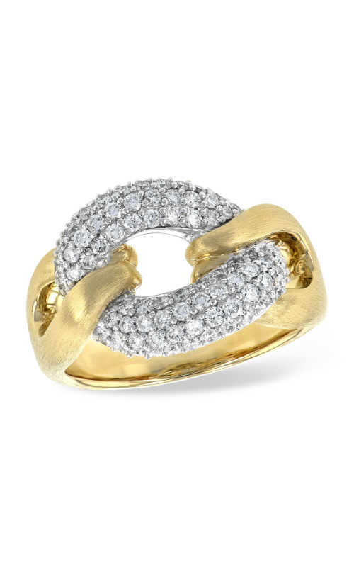 An elegant gold ring with an interlocking design, featuring two loops adorned with sparkling diamonds.