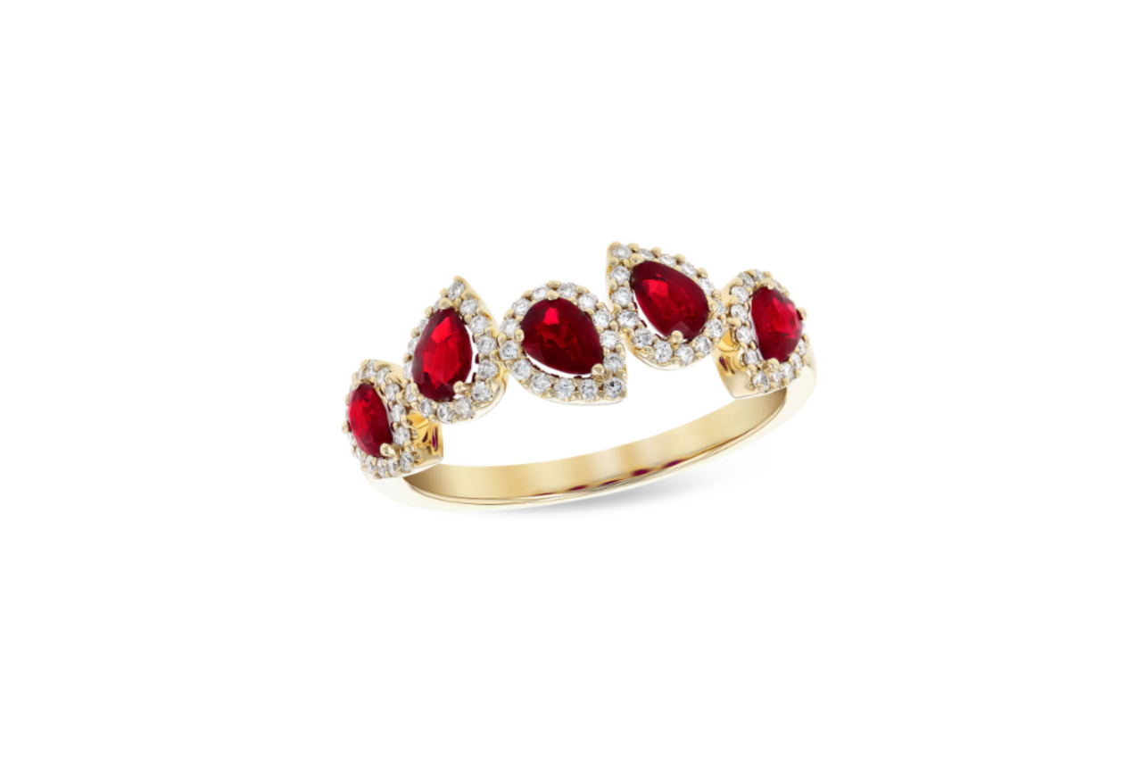 A yellow gold ruby and diamond fashion ring.