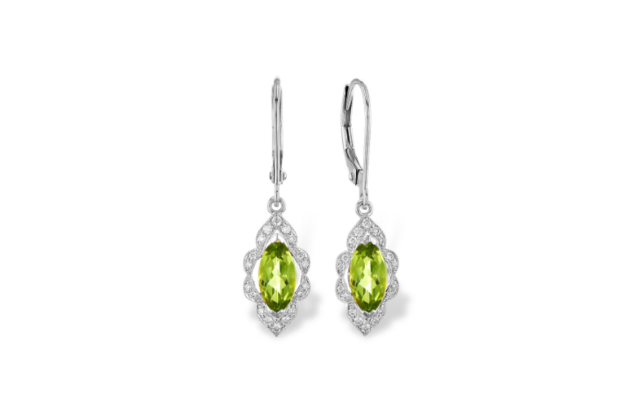 A pair of peridot and diamond drop earrings.