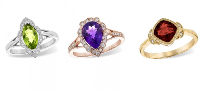 Three magnificent examples of luxury birthstone rings. Left to right: Oval peridot and white gold for August, pear shaped amethyst set in rose gold for February, and a cushion cut ruby bezel set in yellow gold for July